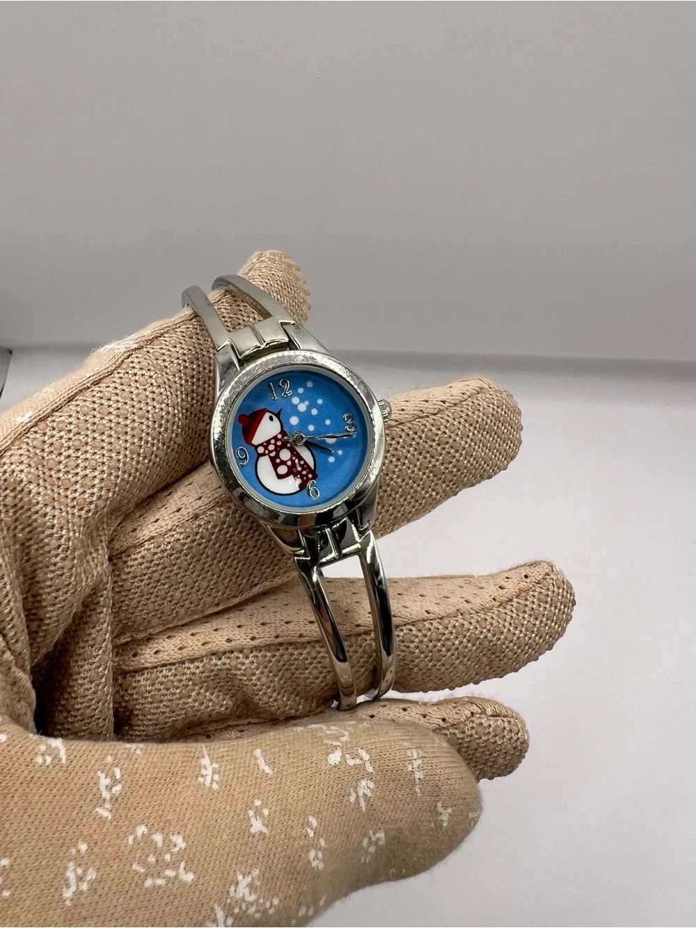 Snowman Silver Tone Bangle Cuff Watch Christmas Festive Jewelry
